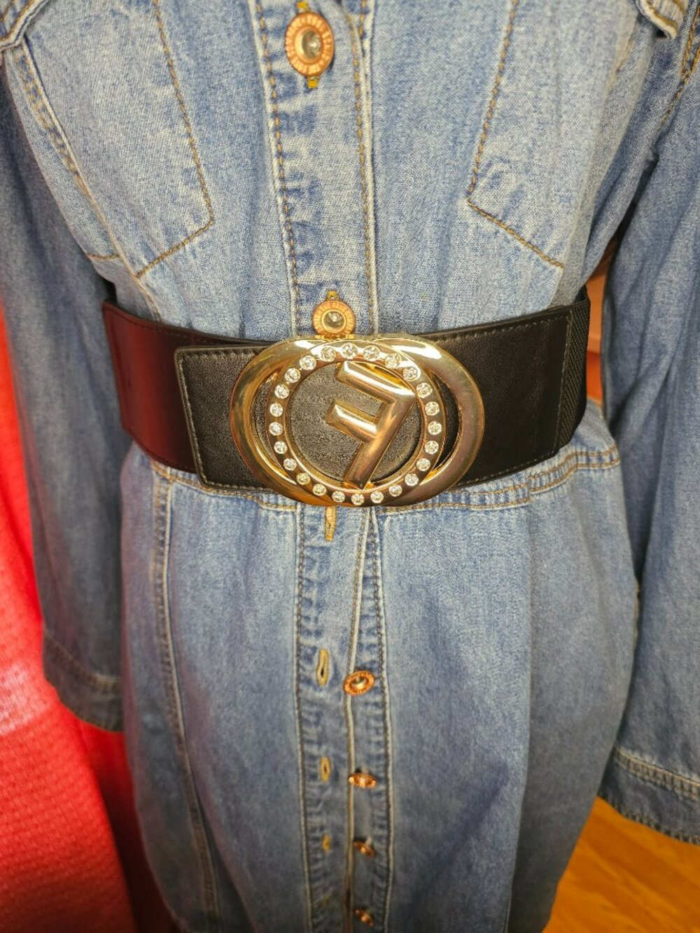Black Wide Stretch Belt with Large Gold tone Crystal Buckle